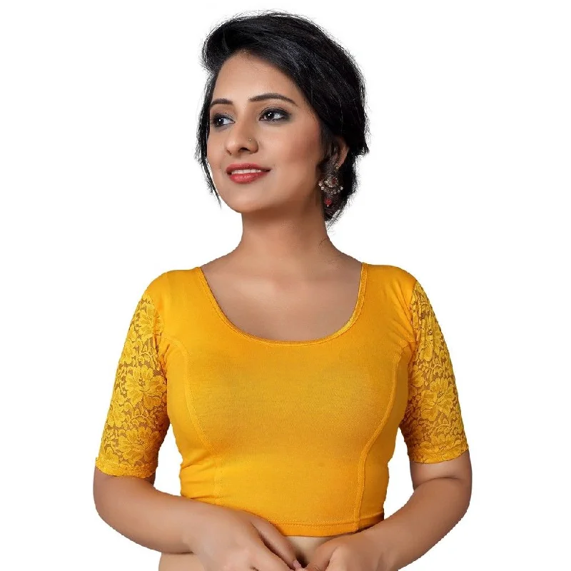 Mustard Cotton Lycra Solid Elbow Sleeves Blouse Off-Shoulder Wrap Blouse