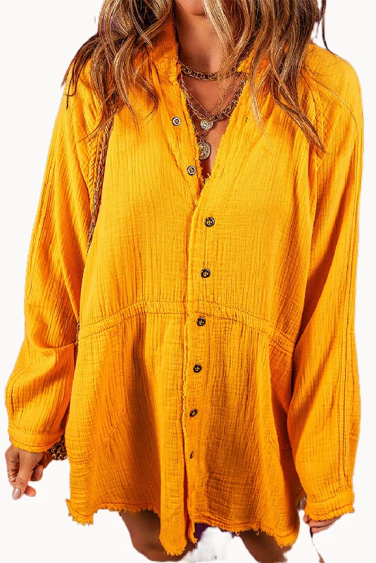 Lucky Peach Oversized Frayed Hem 100% Cotton Womens Shirt-- V-Neck T-Shirt Long Sleeve Cotton