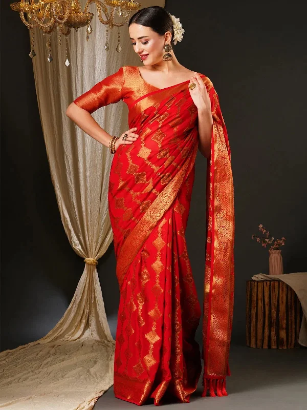 Saree Mall Women's Georgette Red Woven Design Celebrity Saree With Blouse Piece-27ALEKHA2703 Elegant Lace Blouse