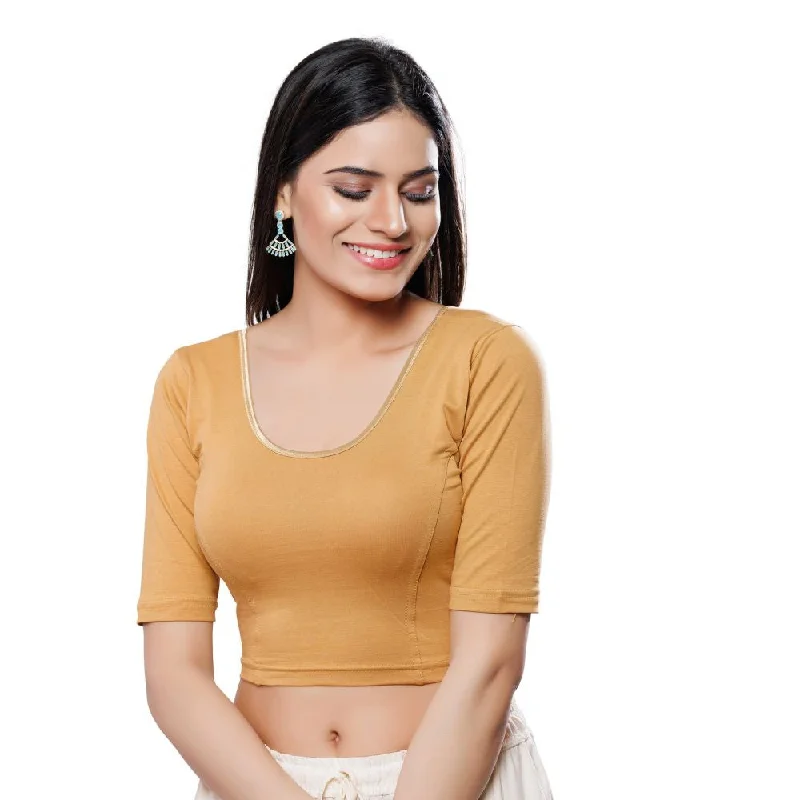 Gold Cotton Lycra Solid Elbow Sleeves Blouse Stretchy Fitted Blouse