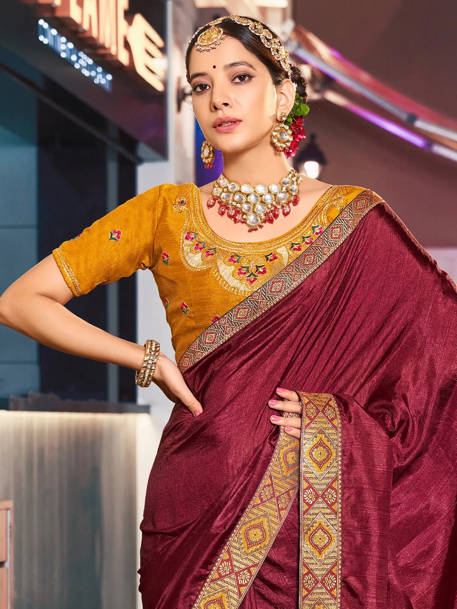 Saree Mall Women's Vichitra  Maroon Embellished Celebrity Saree With Blouse Piece-KSTURI81828 Feminine Satin Blouse