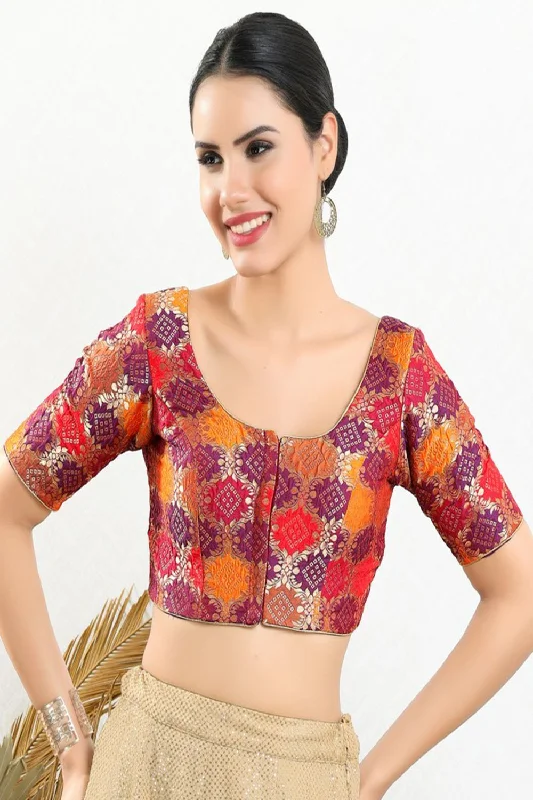 Multi Brocade Embellished Elbow Sleeves Blouse Chic Wrap Blouse