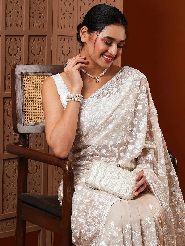 Saree Mall Women's Organza Cream Embroidered Designer Saree With Blouse Piece-7KAVI706 Elegant Office Blouse