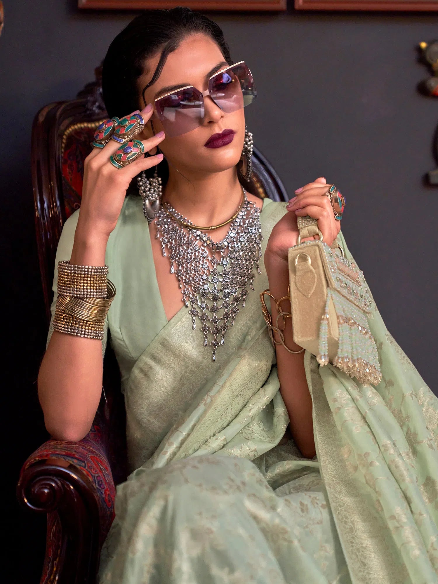 Saree Mall Women's  Blend Light Green Woven Design Designer Saree With Blouse Piece-KHBUTAI322003 Textured Cotton Blouse