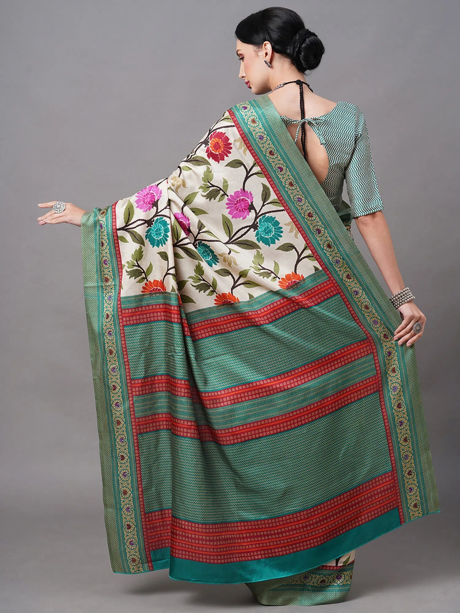 Saree Mall Women's Manipuri  Cream Printed Designer Saree With Blouse Piece-KLMKRC03A Flowy Bohemian Blouse