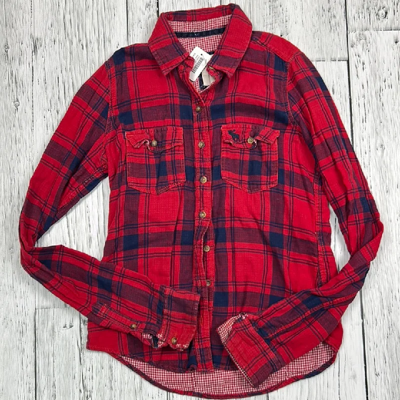 Abercrombie & Fitch red plaid button up shirt - Hers XS-- Satin Fabric Silk Fabric Chiffon Fabric Abercrombie & Fitch red plaid button up shirt - Hers XS-- Satin Fabric Silk Fabric Chiffon Fabric