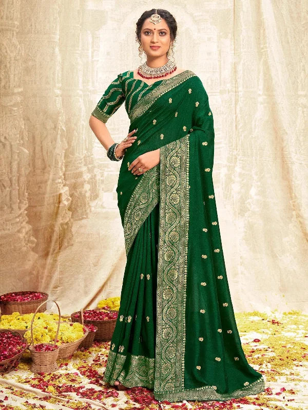 Saree Mall Women's Vichitra  Green Embellished Designer Saree With Blouse Piece-NISHA1001 Stylish Wrap Blouse