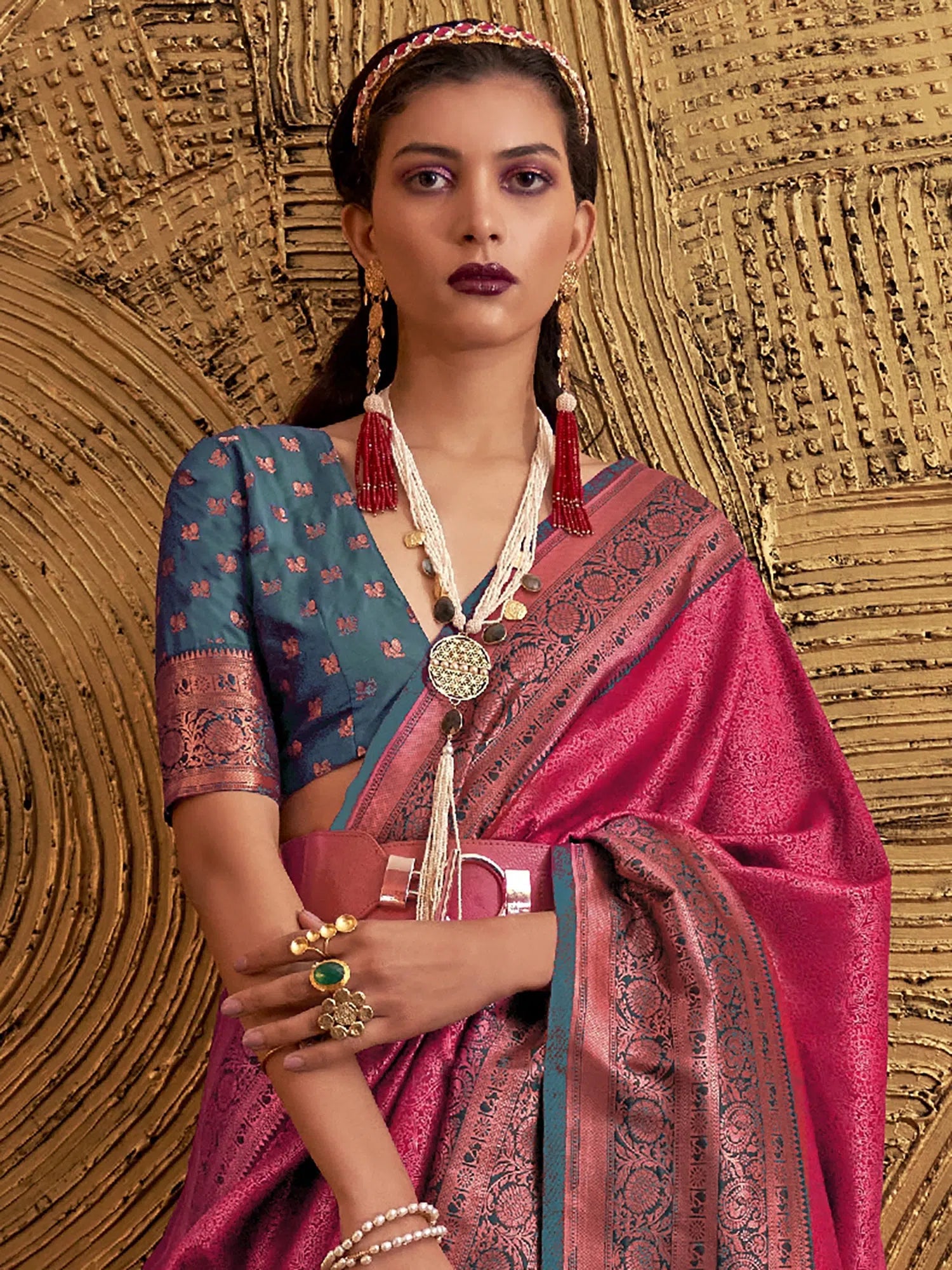 Saree Mall Women's  Blend Pink Woven Design Designer Saree With Blouse Piece-KMIYA326010 Loose Fit Blouse