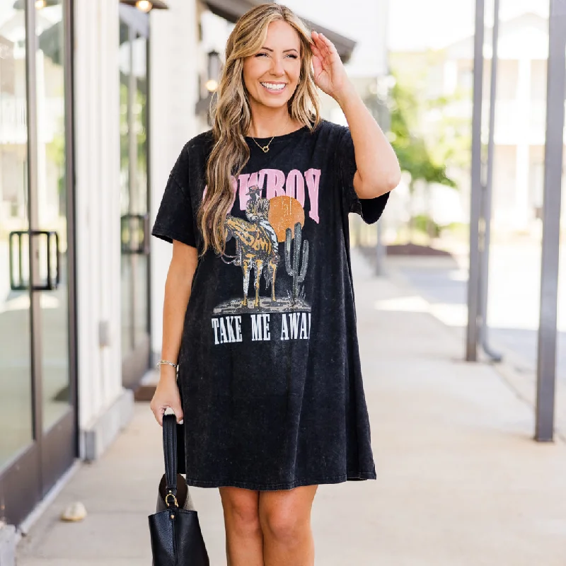 Cowboy Take Me Away T-Shirt Dress, Black-- Polka Dot Checkered Tartan