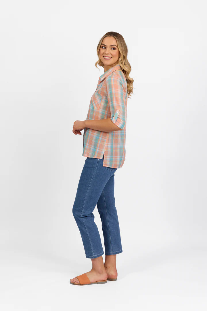Vassalli Button Front Shirt Peach Check-- Elegant Classic Vintage