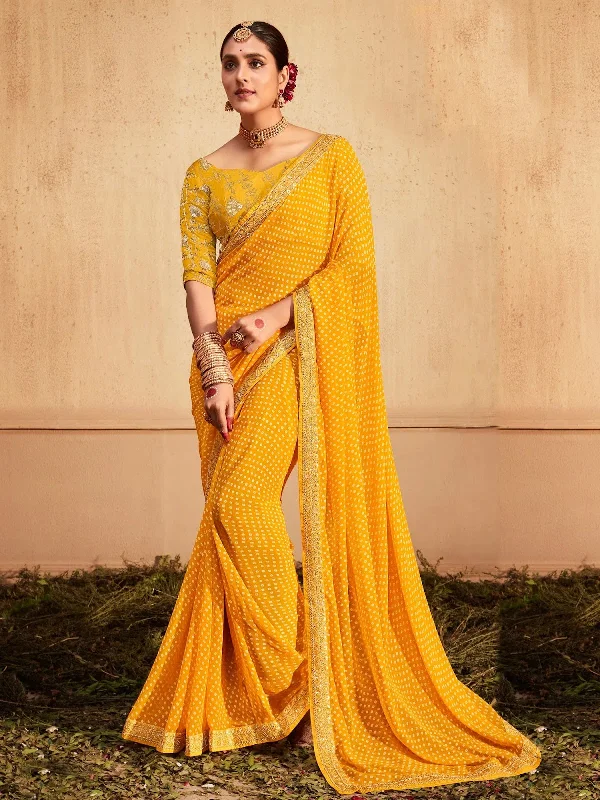 Saree Mall Women's Georgette Yellow Zari Embroidered Designer Saree With Blouse Piece-VIHANA1011 Silky Tunic Blouse