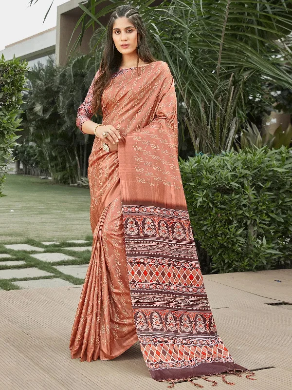 Saree Mall Women's  Blend Rust Digital Print Celebrity Saree With Blouse Piece-4TISHA405 Silky Draped Blouse