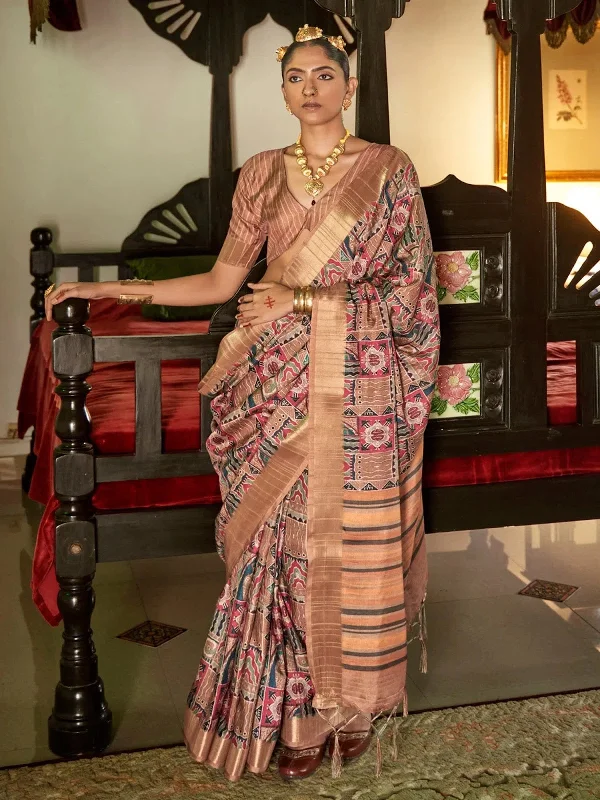 Saree Mall Women's  Blend Brown Printed Celebrity Saree With Blouse Piece-CHITRHAR106 Embellished Collar Blouse