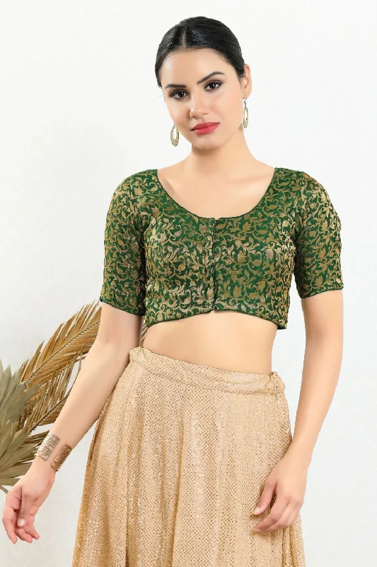 Green Brocade Woven Design Elbow Sleeves Blouse Relaxed Fit Blouse
