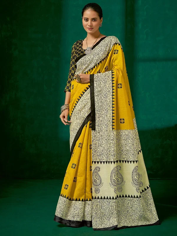 Saree Mall Women's Bhagalpuri  Yellow Printed Designer Saree With Blouse Piece-23WOM23909 Ruched Sleeve Blouse