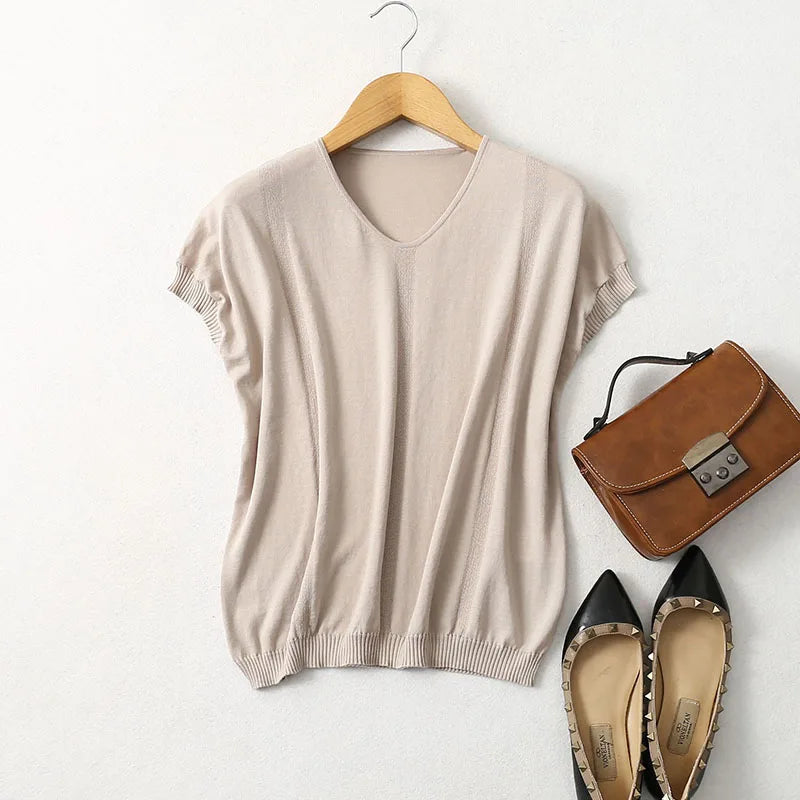 Beige Fields V-Neck Knit Mulberry Silk Cotton Womens Shirt-- Ribbed T-Shirt High Neck Heavyweight