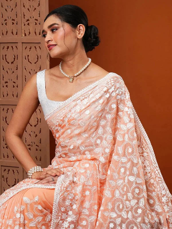 Saree Mall Women's Organza Peach Embroidered Designer Saree With Blouse Piece-7KAVI701 Soft Pastel Blouse
