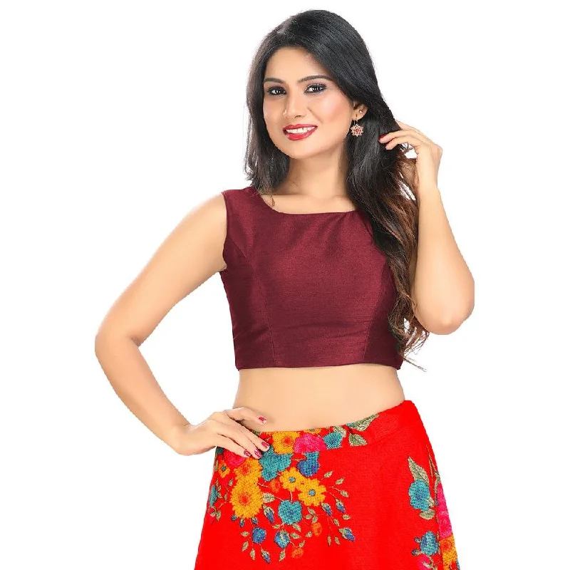 Maroon Silk Solid Sleeveless Blouse Puff Sleeve Blouse