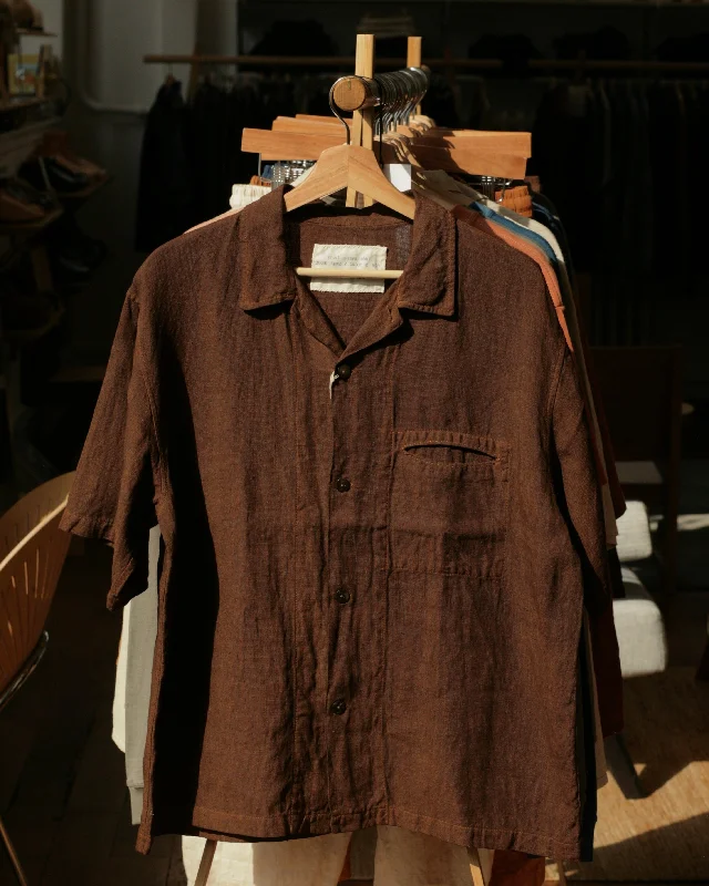Chocolate Brown Cutch & Iron Hand-Dyed Hemp Short-Sleeve Shirt-- Boxy Fit Fitted Loose