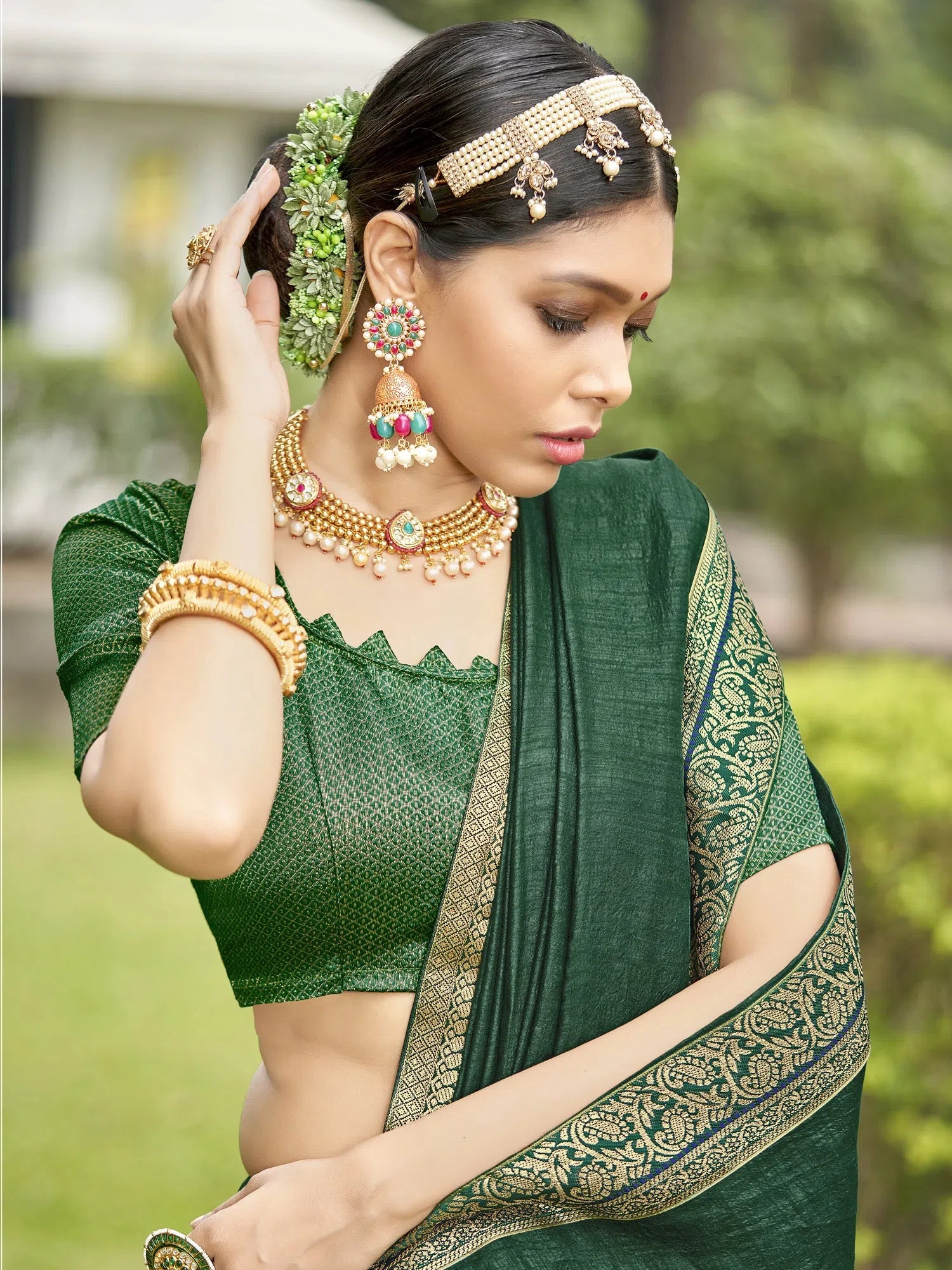 Saree Mall Women's Vichitra  Green Embellished Designer Saree With Blouse Piece-KONKA81592 Sheer Sleeve Blouse
