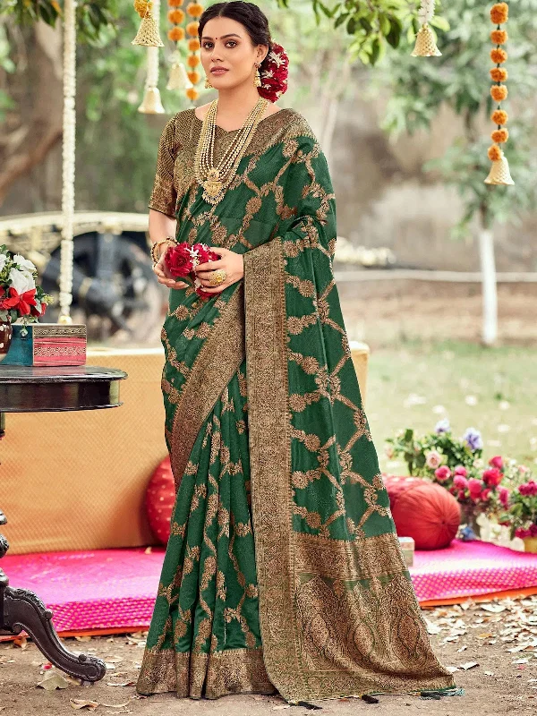 Saree Mall Women's Organza Green Woven Design Celebrity Saree With Blouse Piece-TANABANA110 Balloon Sleeve Blouse