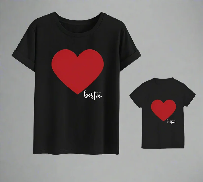 Family Matching "Bestie" Heart T-Shirt Set - Available in Red, White, and Black-- Striped Floral Plaid