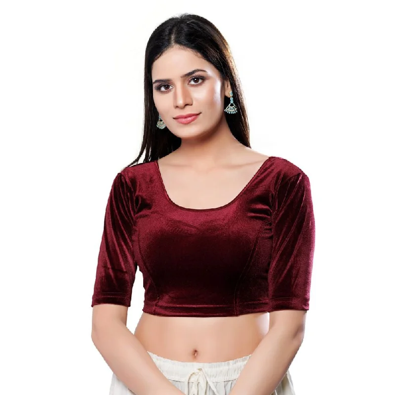 Maroon Velvet Solid Elbow Sleeves Blouse Classic Minimalist Blouse