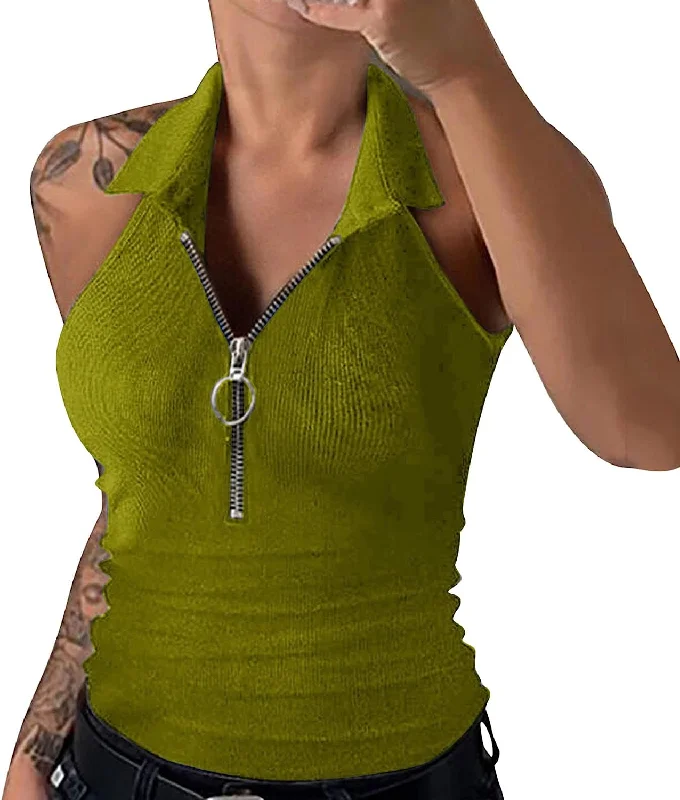 Womens Ribbed Design Casual T-Shirts Lapel Zipper Sleeveless Solid Color Halter Vest T Shirt Tunic Summer Tops Blouses S4429984-- Chenille Brocade Lace