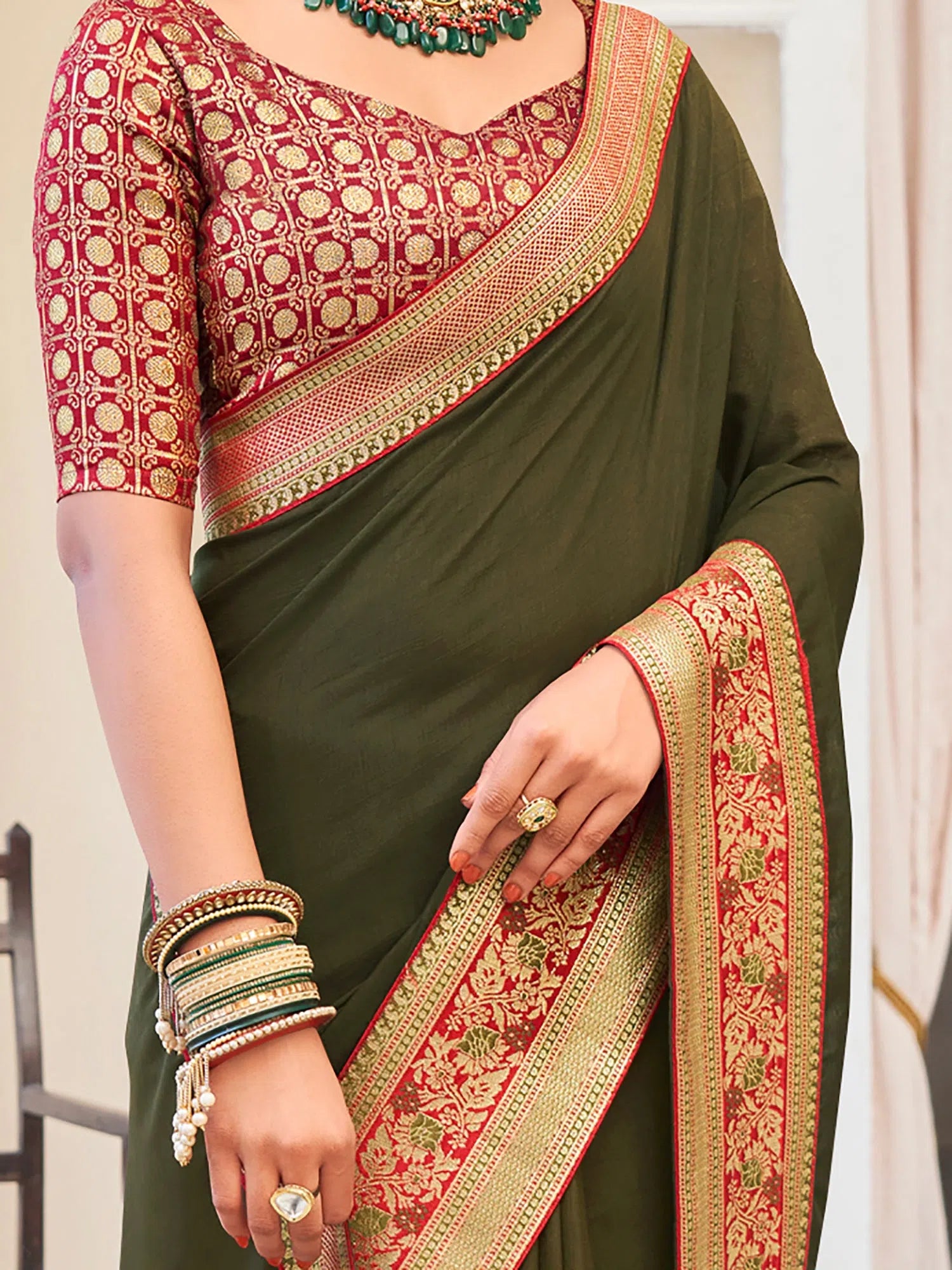 Saree Mall Women's Vichitra  Olive Embellished Designer Saree With Blouse Piece-KNTRA30135 Wrap Front Blouse