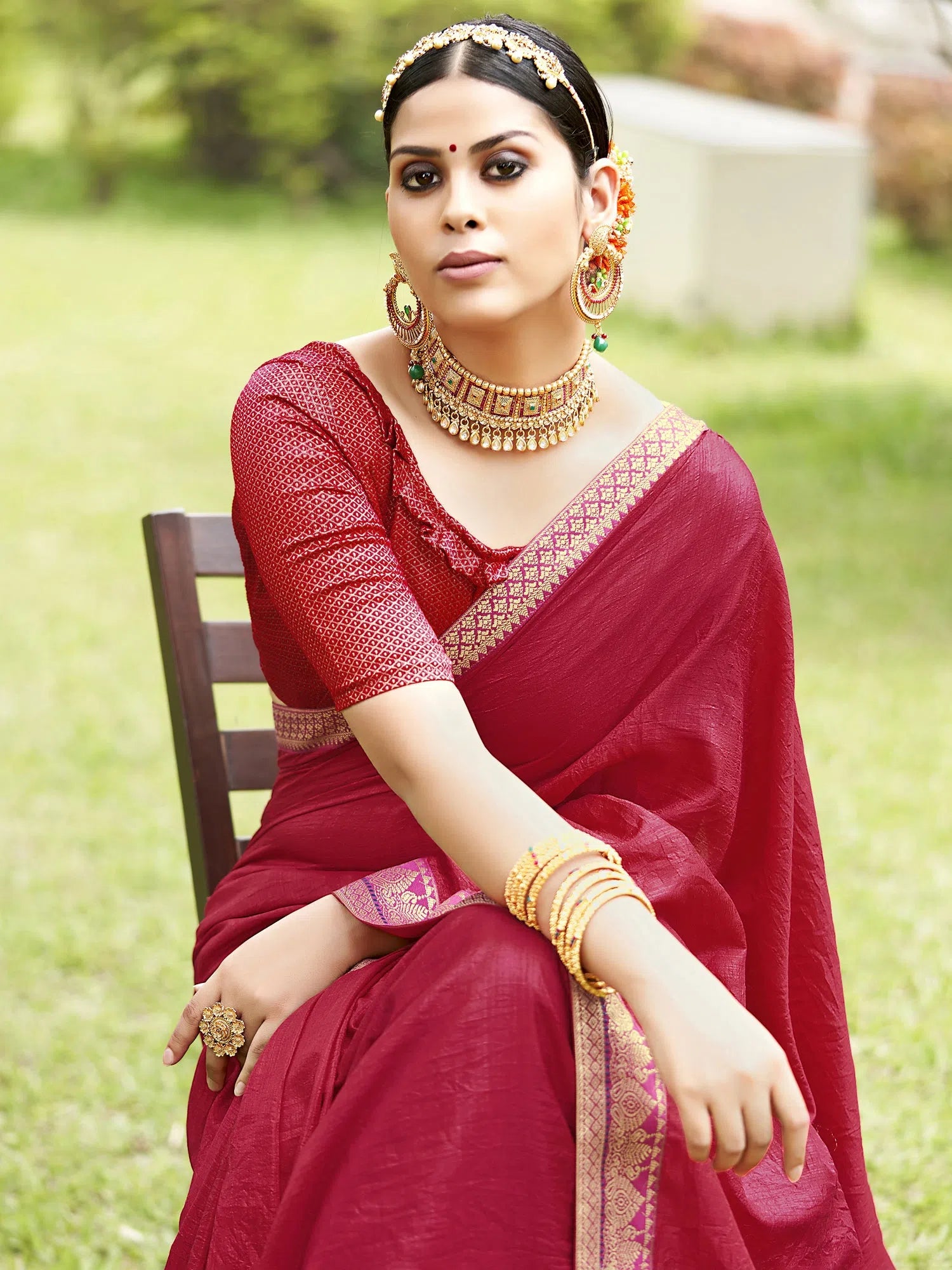 Saree Mall Women's Vichitra  Maroon Embellished Designer Saree With Blouse Piece-KONKA81591 Puff Sleeve Blouse