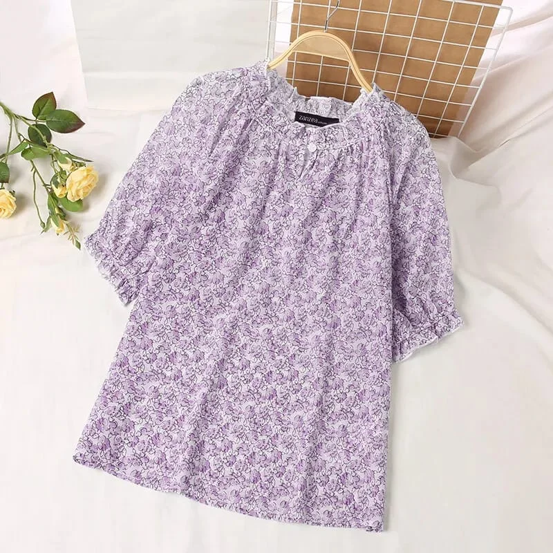 ZANZEA Women Ruffle T shirt Beach O Neck Floral Printed Blouse Tops Holiday S4592945-- Collared T-Shirt Boat Neck A-Line