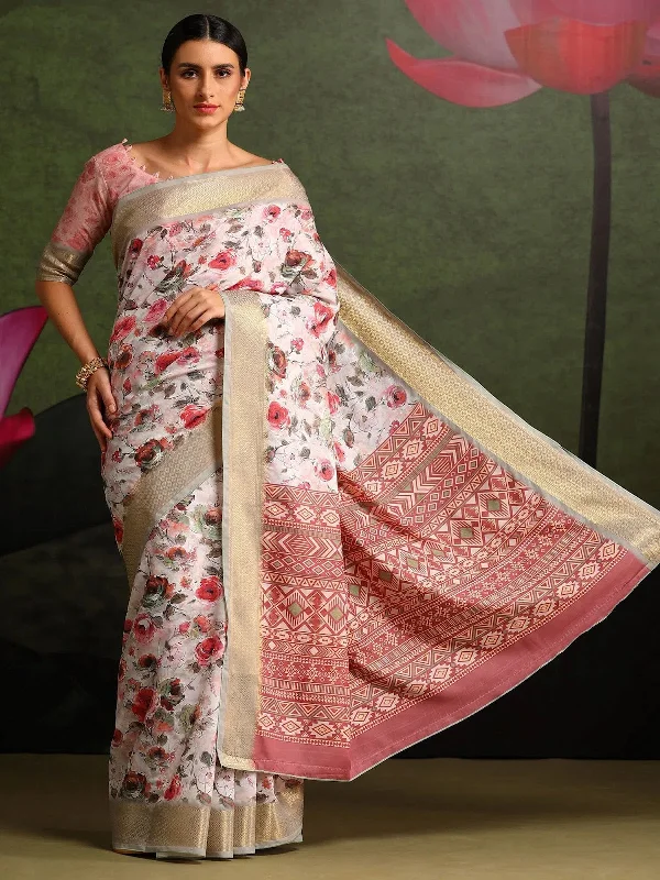 Saree Mall Women's  Blend White Printed Celebrity Saree With Blouse Piece-FLWRVELY103 Double-Layered Blouse