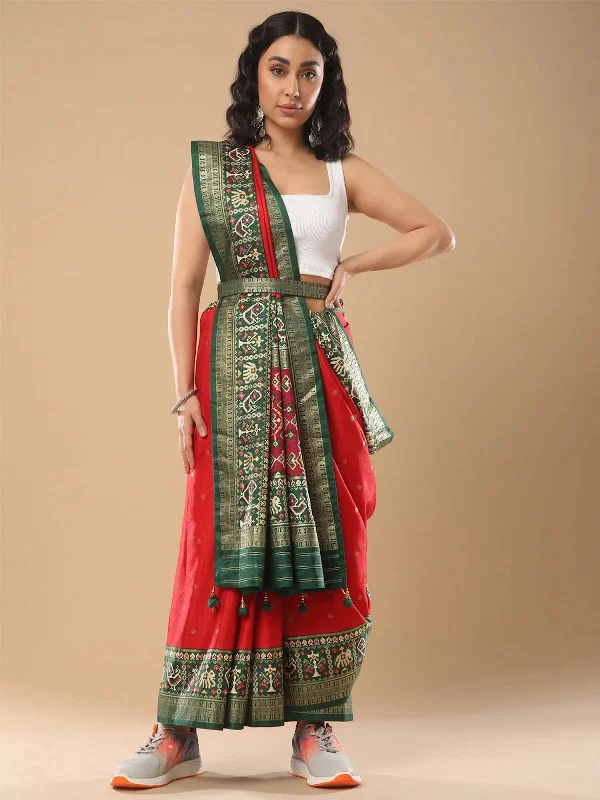 Saree Mall Women's  Blend Red Woven Design Designer Saree With Blouse Piece-TRITH10015 Sheer Sleeve Blouse