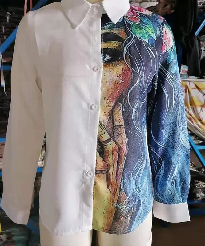 Spring/Autumn Elegant Print Shirts Women TurnDown Collar Button Long Sleeve Casual Street Loose Shirt 2XL S4518764-- Welt Pockets Slit Pockets