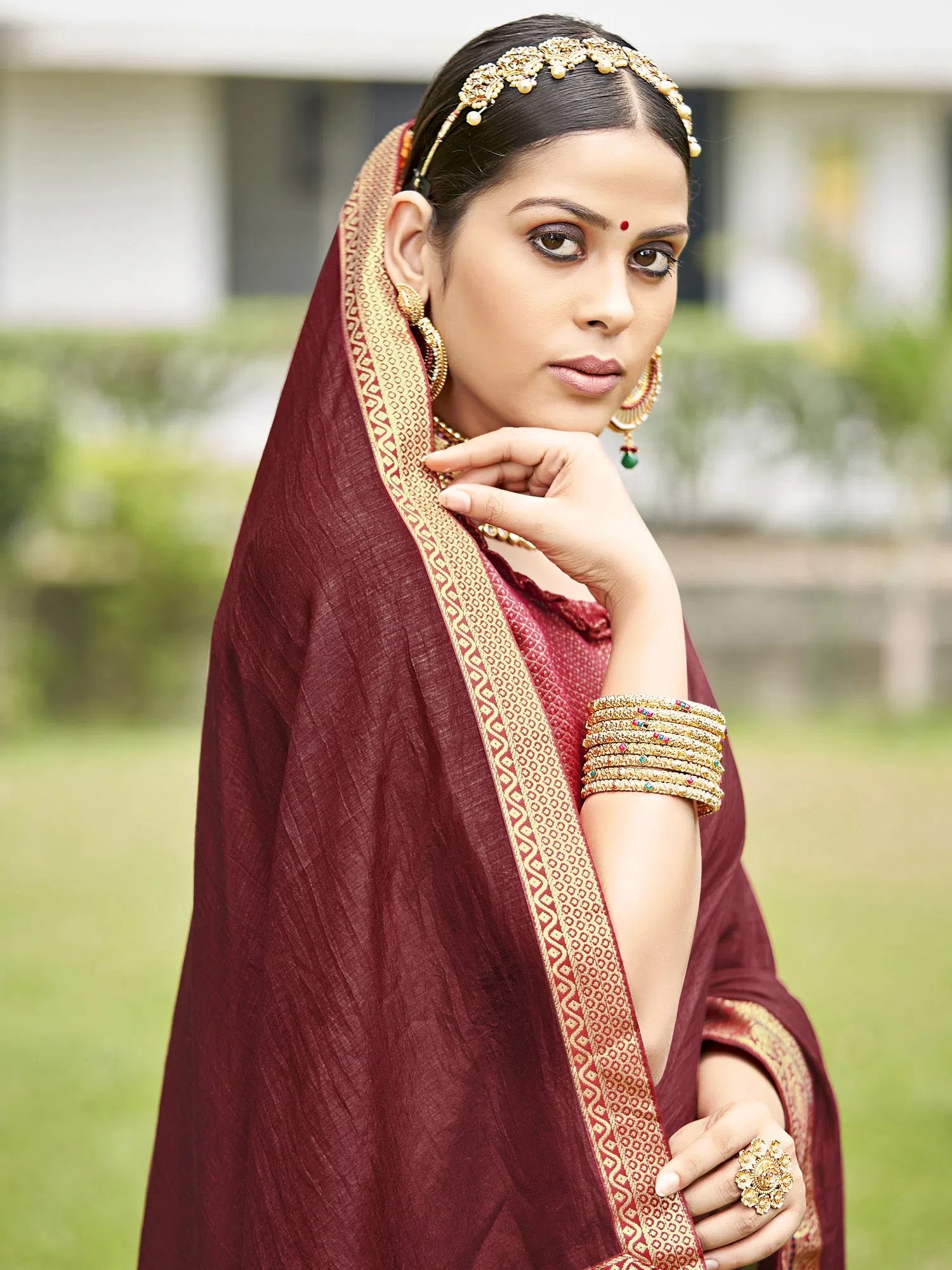 Saree Mall Women's Vichitra  Brown Embellished Designer Saree With Blouse Piece-KONKA81594 Feminine Puff Blouse