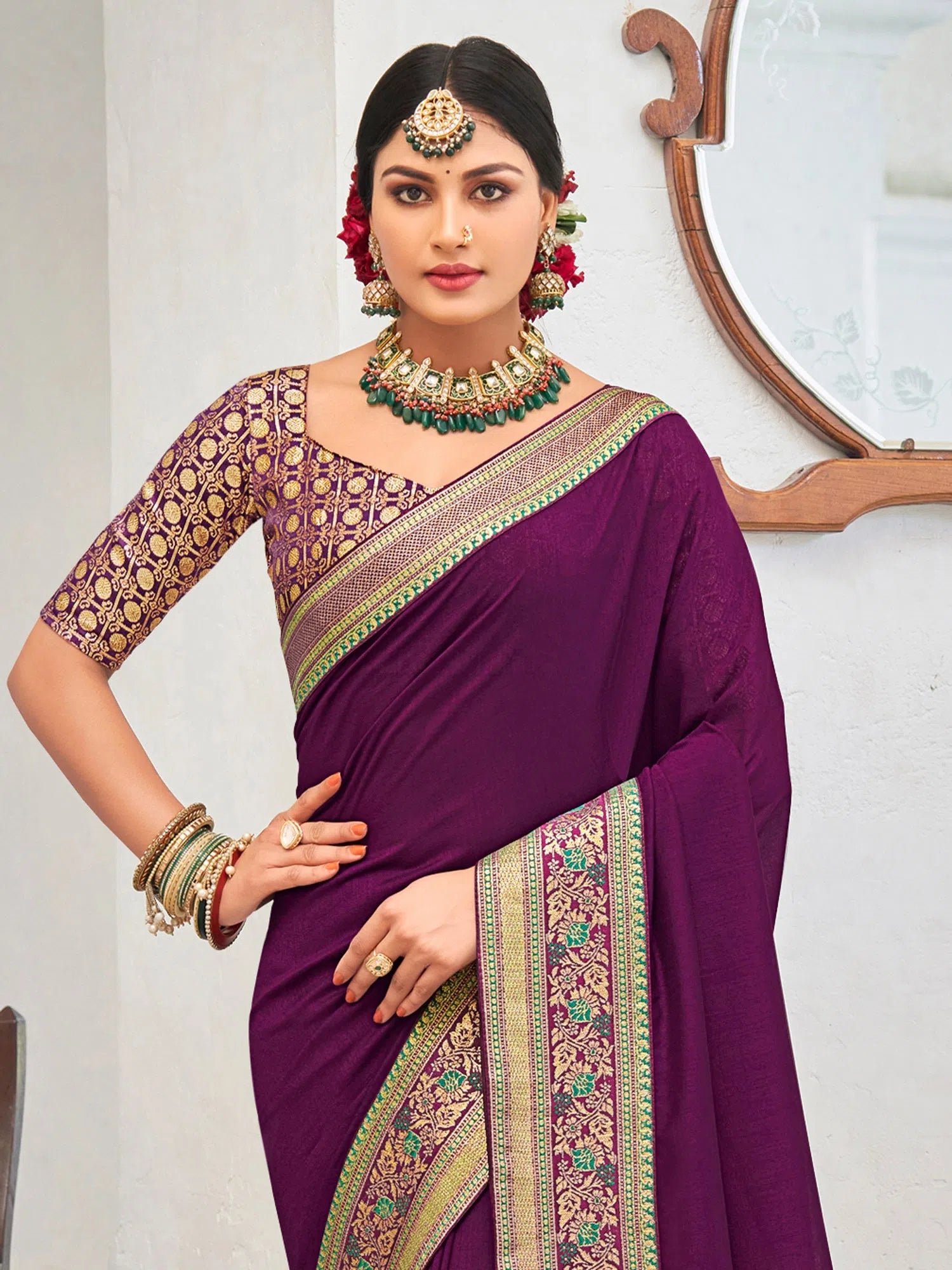Saree Mall Women's Vichitra  Purple Embellished Designer Saree With Blouse Piece-KNTRA30137 Floral Print Blouse