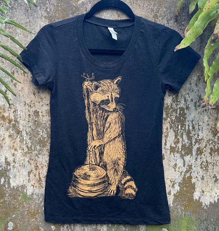 Raccoon Playing a Washtub Bass Women's Shirt-- Terry Blend Velvet Blend Canvas Blend