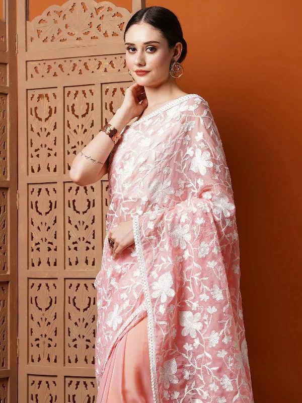 Saree Mall Women's Organza Pink Embroidered Designer Saree With Blouse Piece-13KAVI1301 Slim Fit Blouse