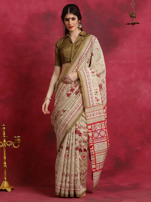 Saree Mall Women's Bhagalpuri  Beige Printed Designer Saree With Blouse Piece-BGP2708A Classic White Blouse