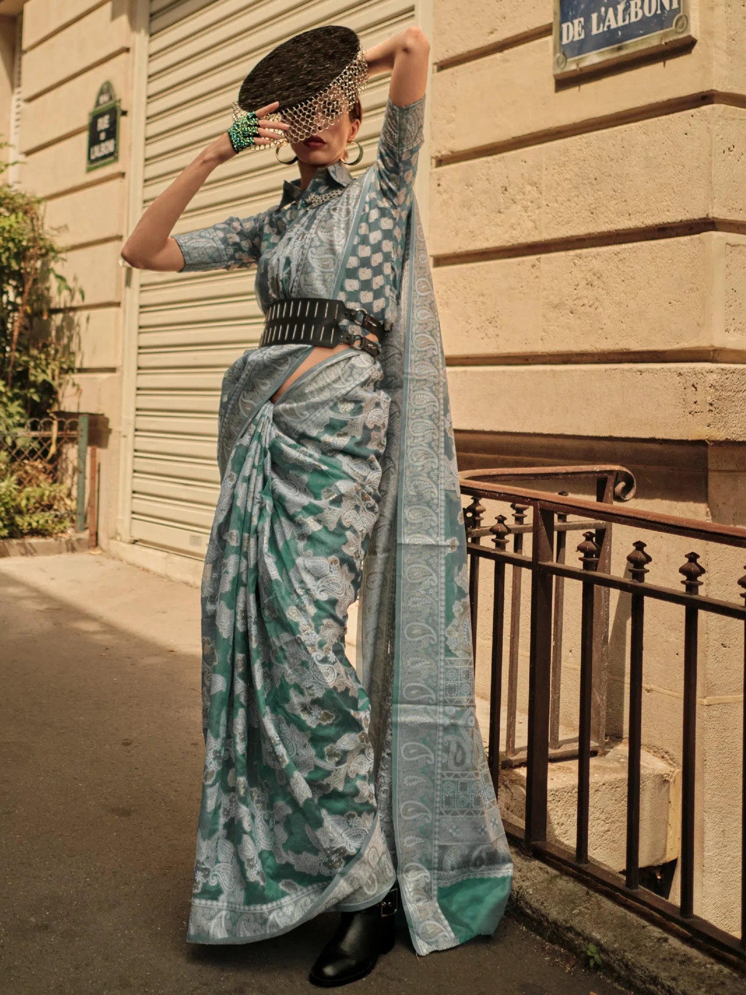 Saree Mall Women's Organza Sea Green Woven Design Designer Saree With Blouse Piece-KNEZA342008 Embroidered Floral Blouse