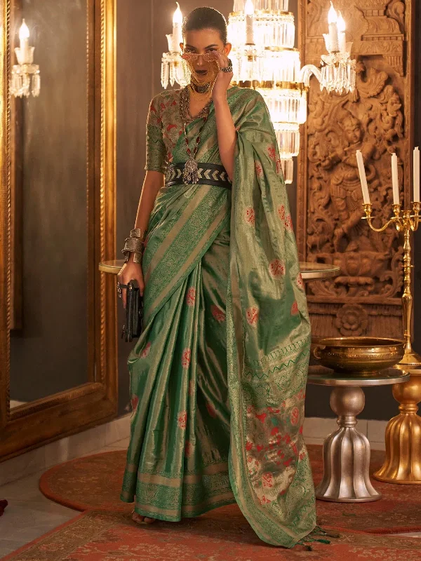 Saree Mall Women's  Blend Green Woven Design Designer Saree With Blouse Piece-KANWAL320001 Wrap Front Blouse