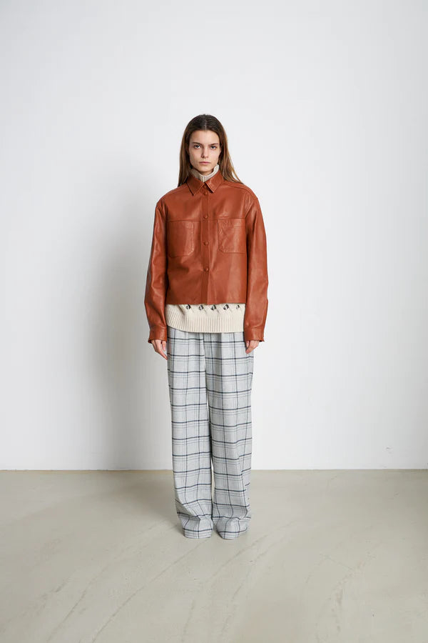 STELLA NOVA HIRSE LEATHER SHIRT - COGNAC BROWN-- Zippered Front Buttoned Front Snap Front