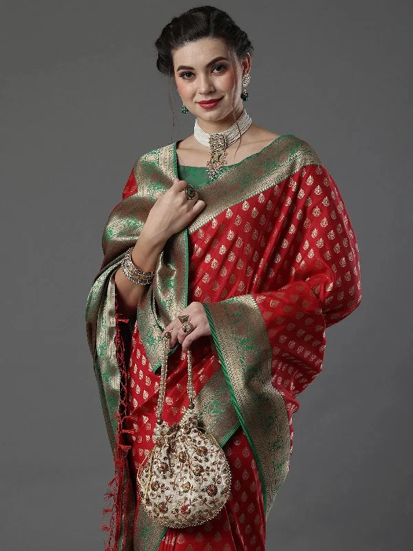 Saree Mall Women's  Blend Red Woven Design Designer Saree With Blouse Piece-16PAKHI1707 Lightweight Tunic Blouse