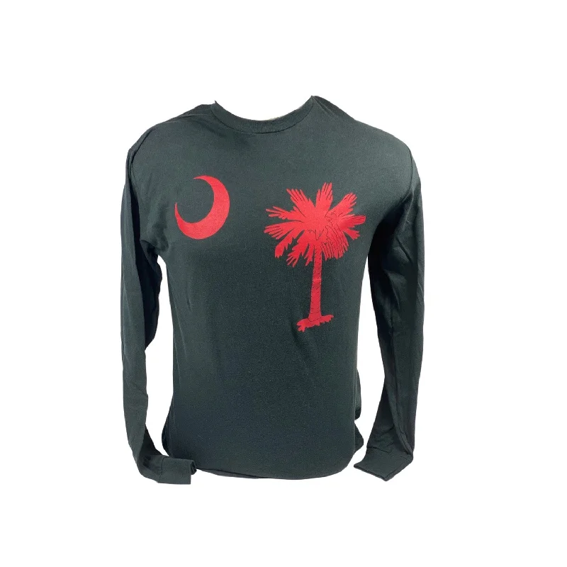 BLACK LONG SLEEVE T-SHIRT WITH PALMETTO TREE AND MOON-- Seamless Knitted Crochet
