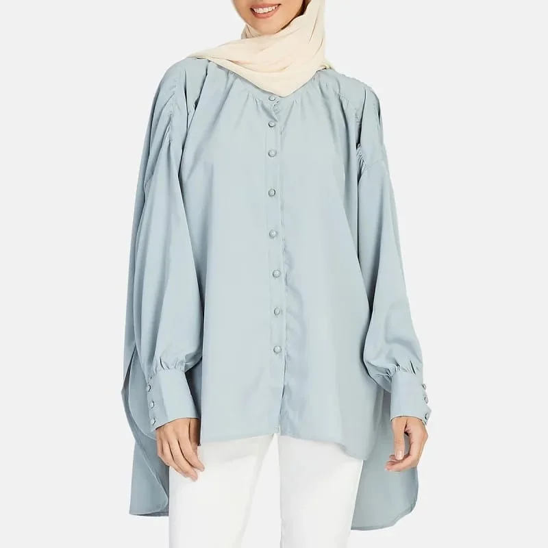 Stand Collar Long Sleeves Single Breasted Open Stitch Pleated Shirts Spring Muslin Women Tops Tees S4334884-- Layered Multi-layer Single Layer