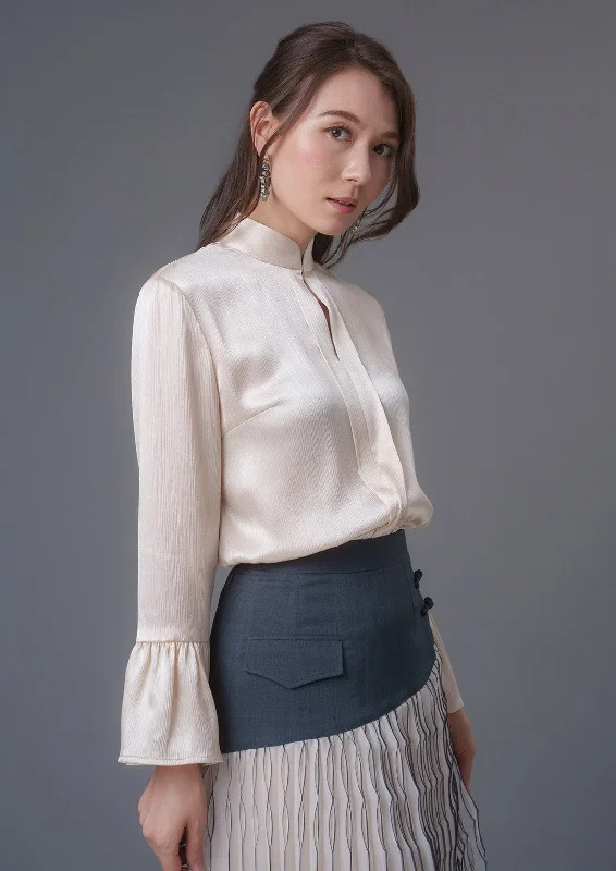 Flounce Sleeves Satin Mandarin Blouse (Ivory White) Backless Summer Blouse