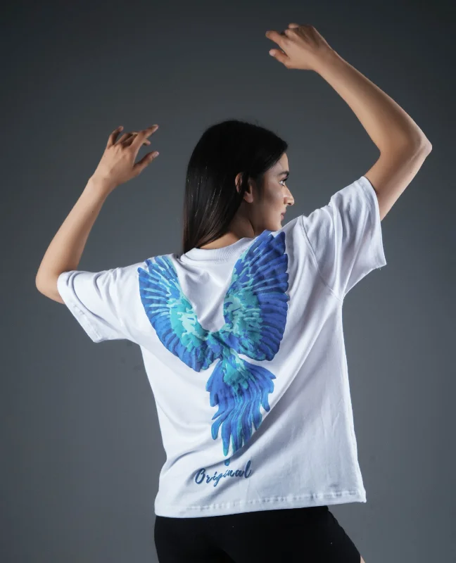 Flying Parrot Puff Print Oversized T-shirt-- Welt Pockets Slit Pockets Flap Pockets