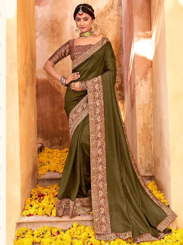Saree Mall Women's Vichitra  Olive Embellished Designer Saree With Blouse Piece-NALLI81644 Casual Relaxed Fit Blouse