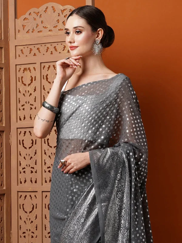 Saree Mall Women's Georgette Grey Printed Designer Saree With Blouse Piece-14KAVI1402 Asymmetric Hem Blouse