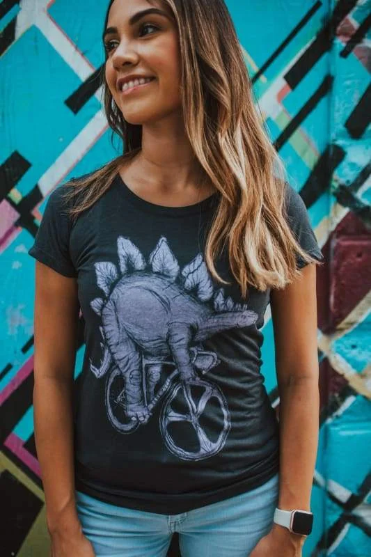 Stegosaurus on a Bicycle Women’s T-Shirt-- Front Pockets Side Pockets Patch Pockets